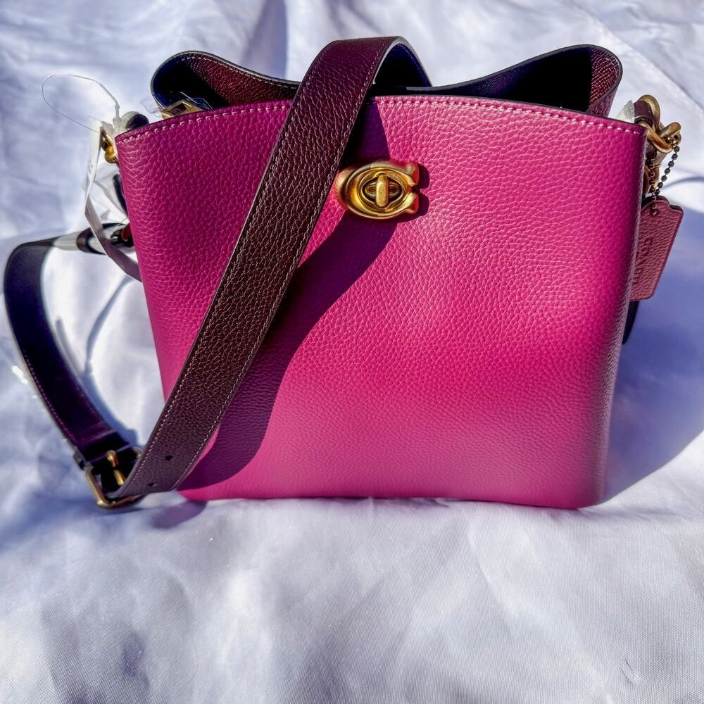 Coach Magenta Pebbled Leather Shoulder Bag with Brown Strap
